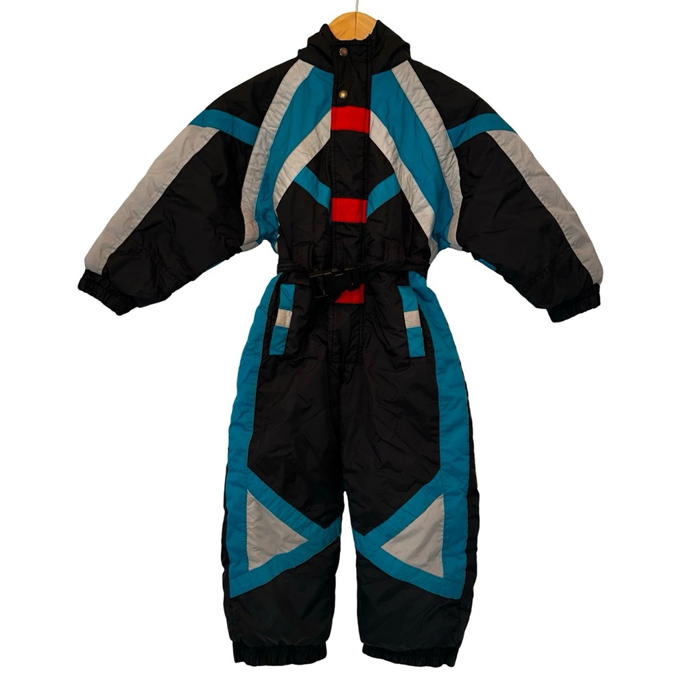 VTG 1980s Kids Ski Snow Suit Belted Hood Apparatus Color Block Unisex Size 6